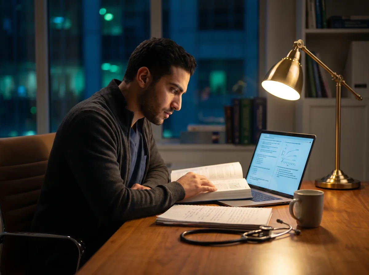 پزشک در حال مطالعه و آمادگی برای آزمون آزمایشی آنلاین